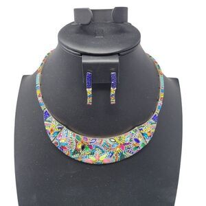 Artisan 925 Sterling Silver Multicolor Micro Mosaic Choker Necklace Earring Set